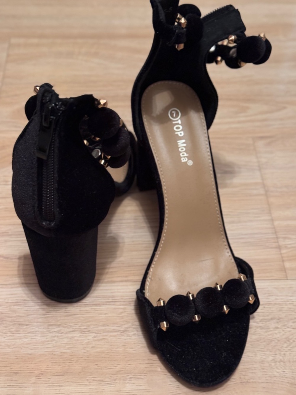 Black Studded Block Heel Sandals - Picture 3 of 8